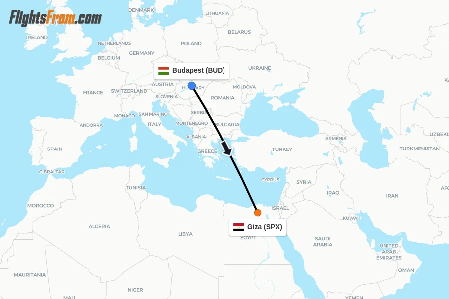 Flights from Budapest to Giza route map