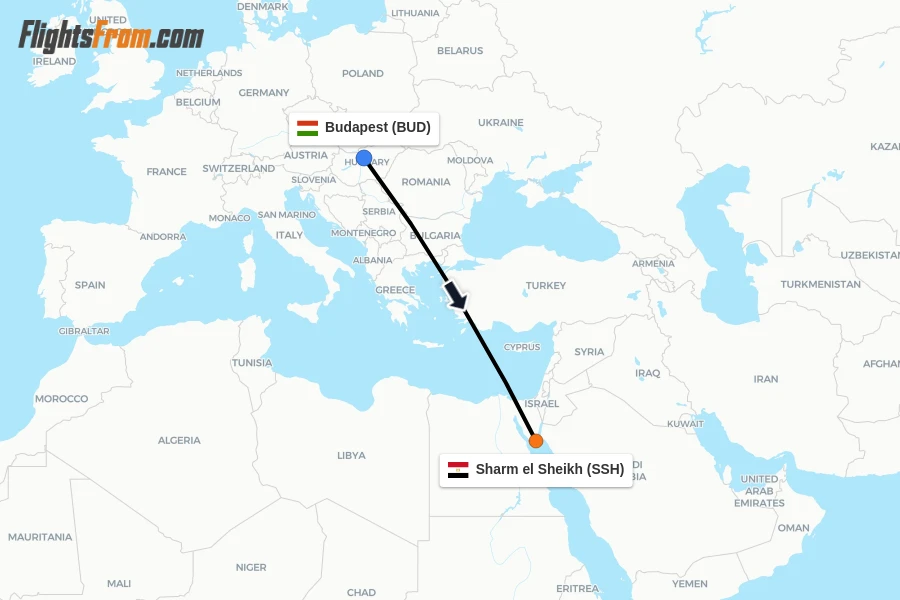 Flights from Budapest to Sharm el Sheikh route map