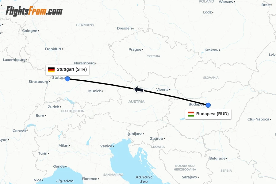 Flights from Budapest to Stuttgart route map