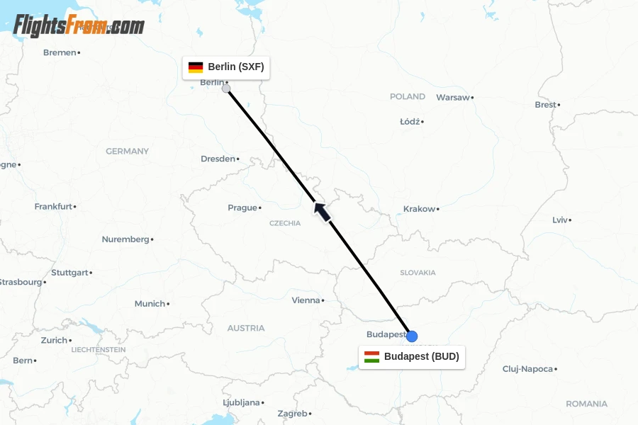 Flights from Budapest to Berlin route map