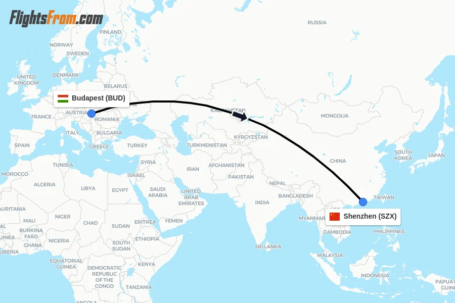 Flights from Budapest to Shenzhen route map