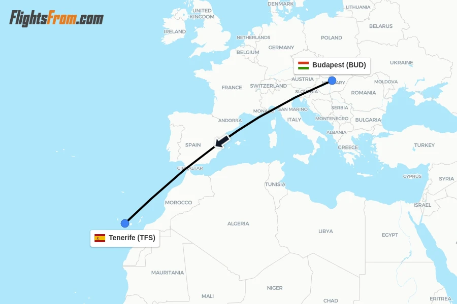 Flights from Budapest to Tenerife route map