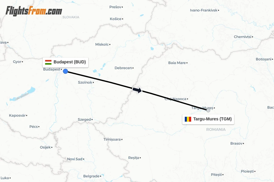 Flights from Budapest to Targu-Mures route map