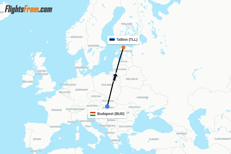 Flights from Budapest to Tallinn route map