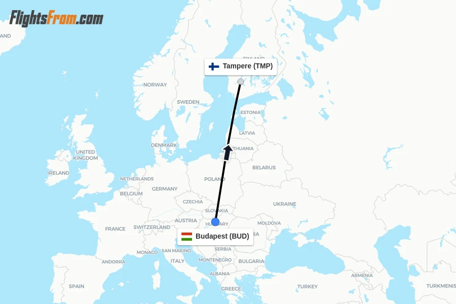 Flights from Budapest to Tampere route map