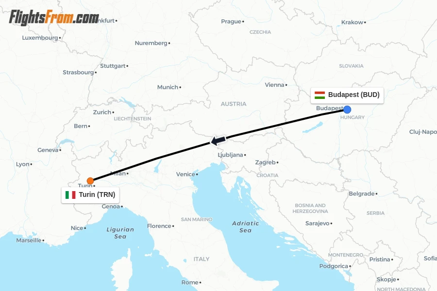 Flights from Budapest to Turin route map