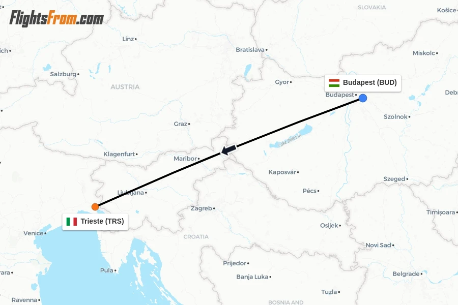 Flights from Budapest to Trieste route map
