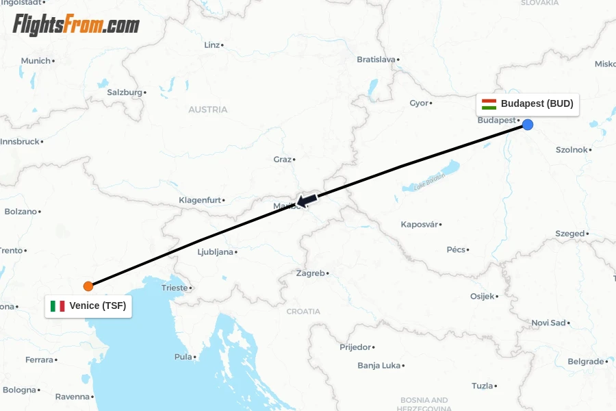 Flights from Budapest to Venice route map