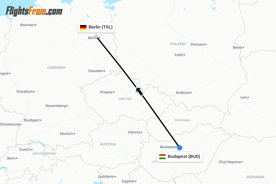 Flights from Budapest to Berlin route map