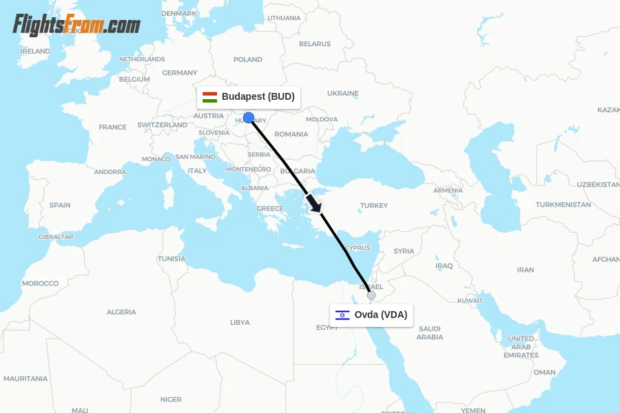 Flights from Budapest to Ovda route map