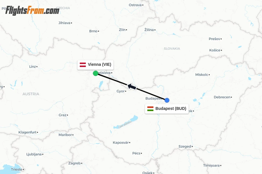 Flights from Budapest to Vienna route map