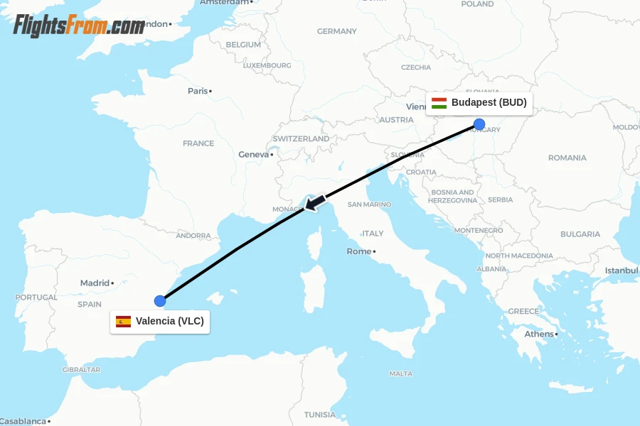 Flights from Budapest to Valencia route map