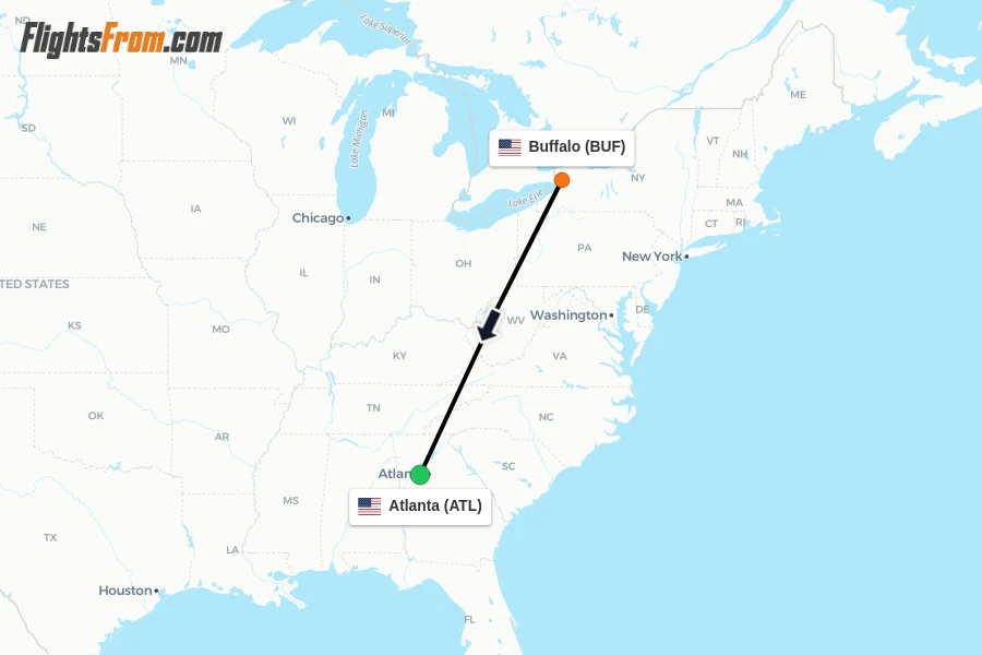 Flights from Buffalo to Atlanta route map