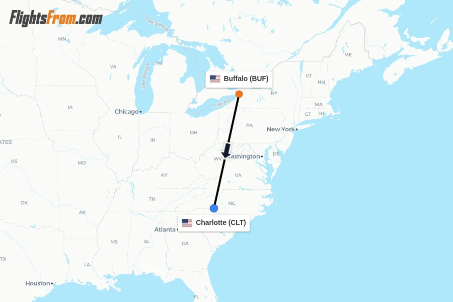 Flights from Buffalo to Charlotte route map