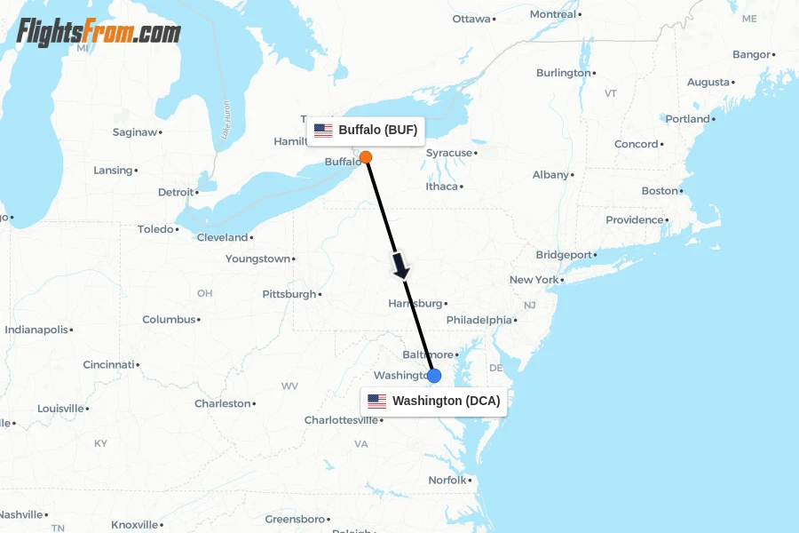 Flights from Buffalo to Washington route map