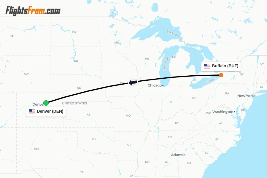 Flights from Buffalo to Denver route map
