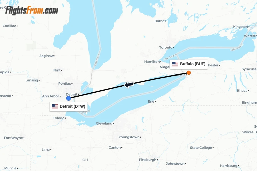 Flights from Buffalo to Detroit route map