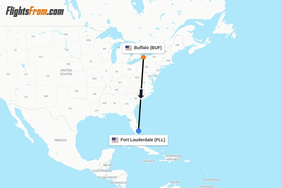 Flights from Buffalo to Fort Lauderdale route map