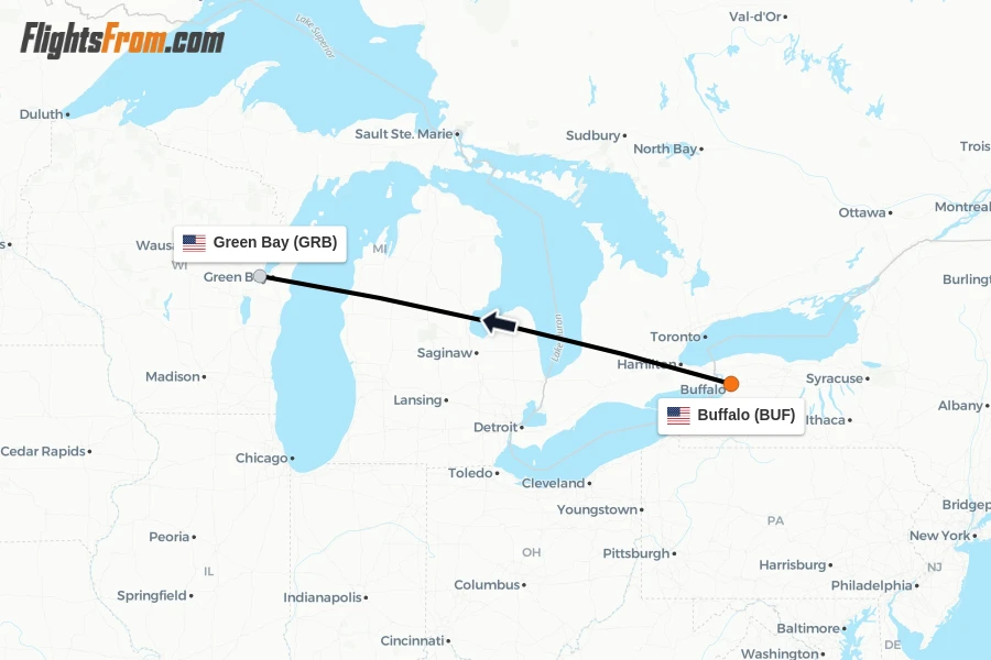 Flights from Buffalo to Green Bay route map