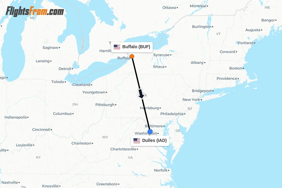 Flights from Buffalo to Dulles route map