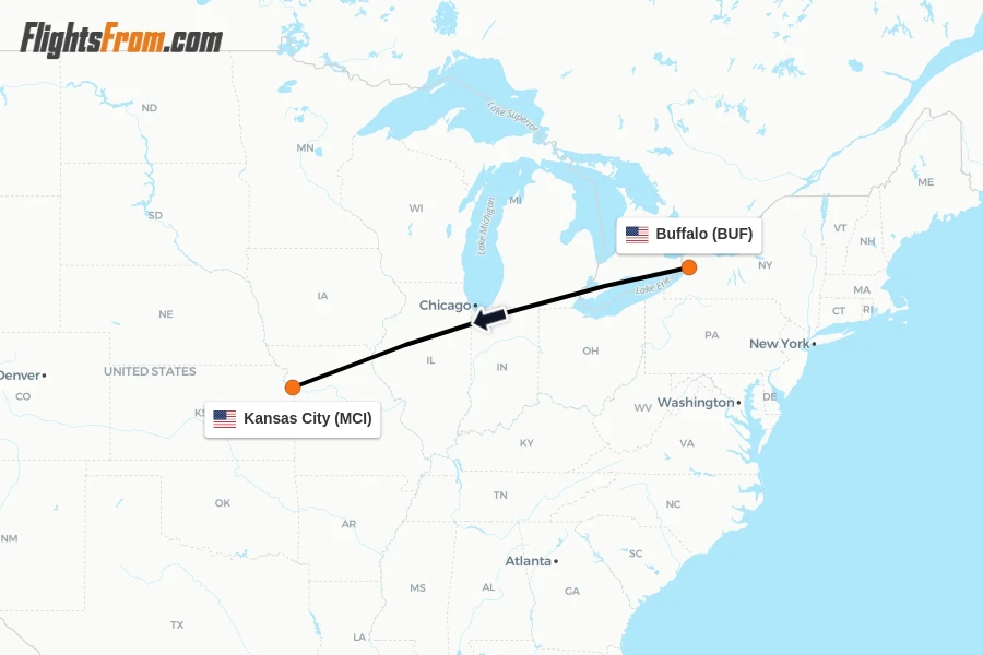 Flights from Buffalo to Kansas City route map