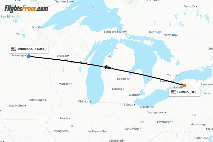 Flights from Buffalo to Minneapolis route map