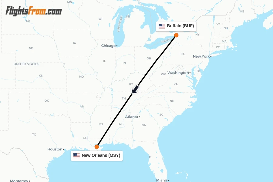 Flights from Buffalo to New Orleans route map