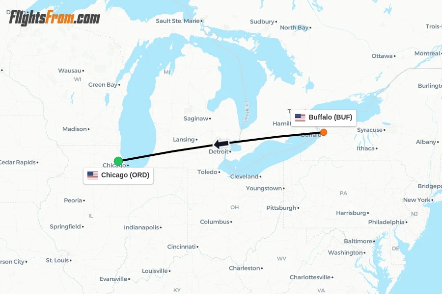 Flights from Buffalo to Chicago route map