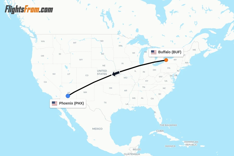 Flights from Buffalo to Phoenix route map