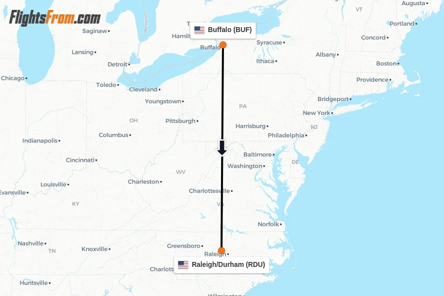 Flights from Buffalo to Raleigh/Durham route map