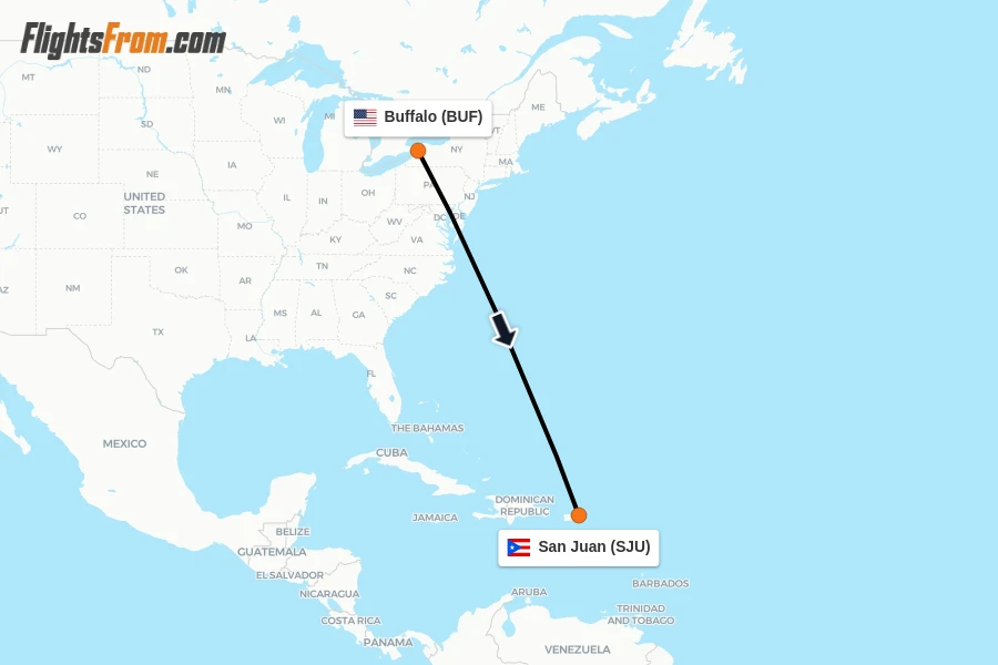 Flights from Buffalo to San Juan route map