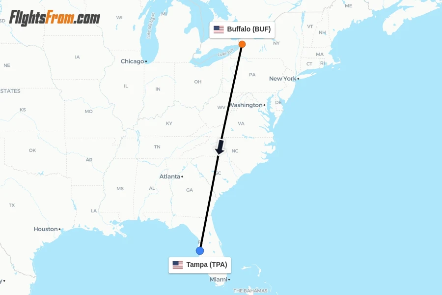 Flights from Buffalo to Tampa route map