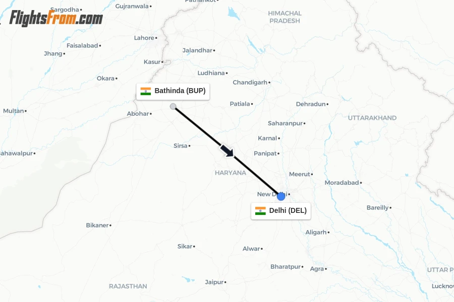 Flights from Bathinda to Delhi route map