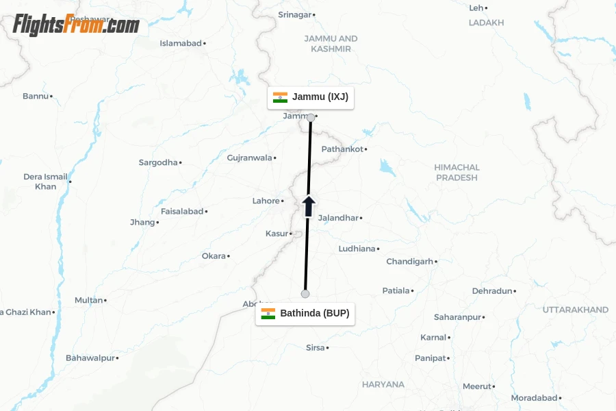 Flights from Bathinda to Jammu route map