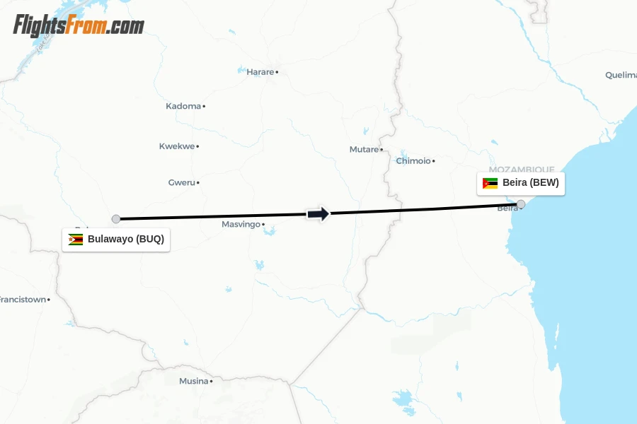 Flights from Bulawayo to Beira route map