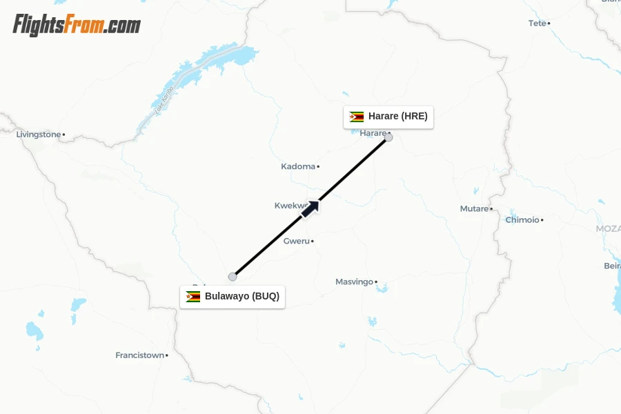 Flights from Bulawayo to Harare route map