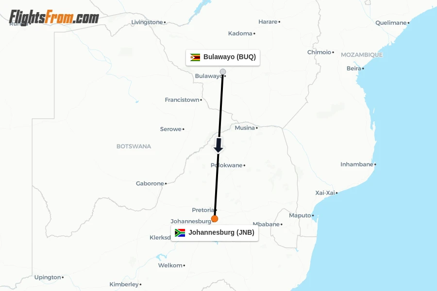 Flights from Bulawayo to Johannesburg route map