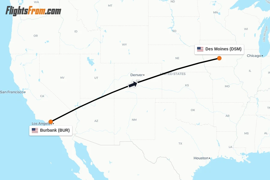 Flights from Burbank to Des Moines route map