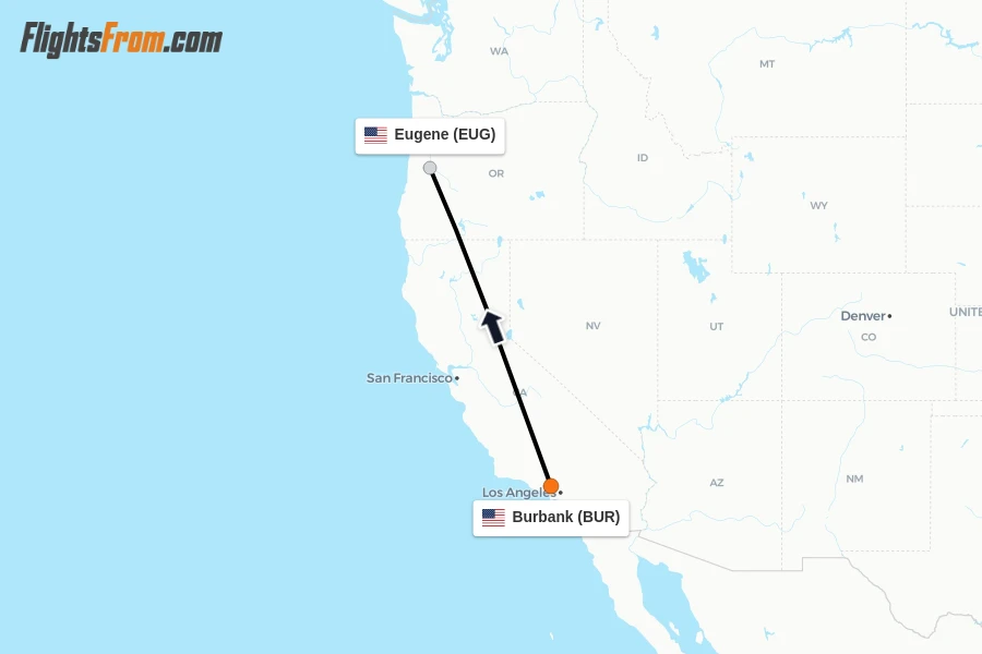 Flights from Burbank to Eugene route map