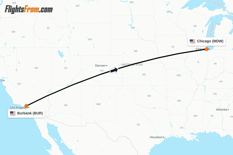 Flights from Burbank to Chicago route map
