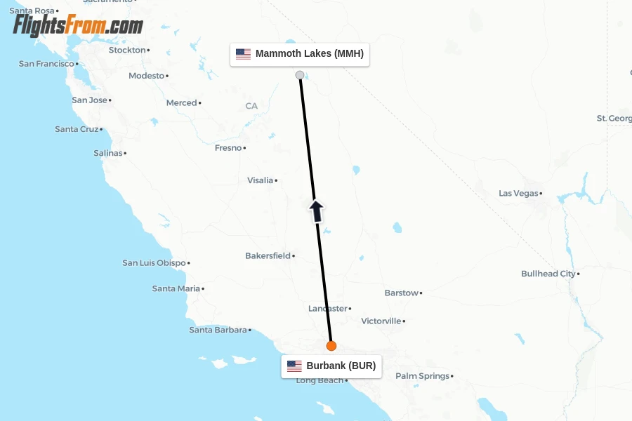 Flights from Burbank to Mammoth Lakes route map