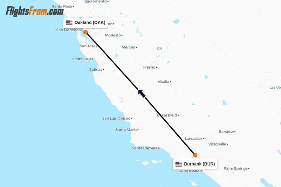 Flights from Burbank to Oakland route map