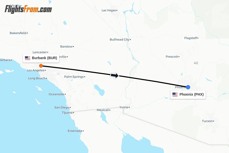 Flights from Burbank to Phoenix route map