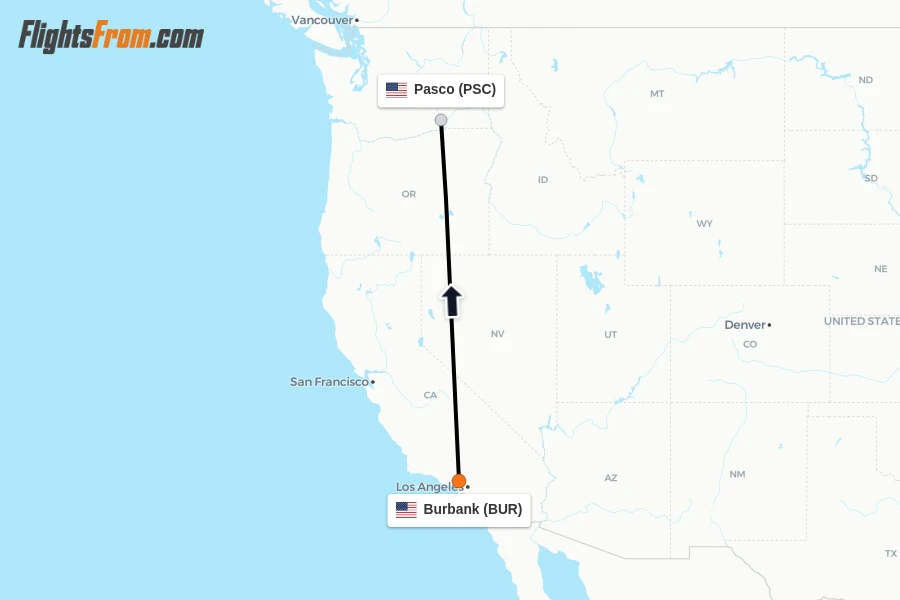 Flights from Burbank to Pasco route map