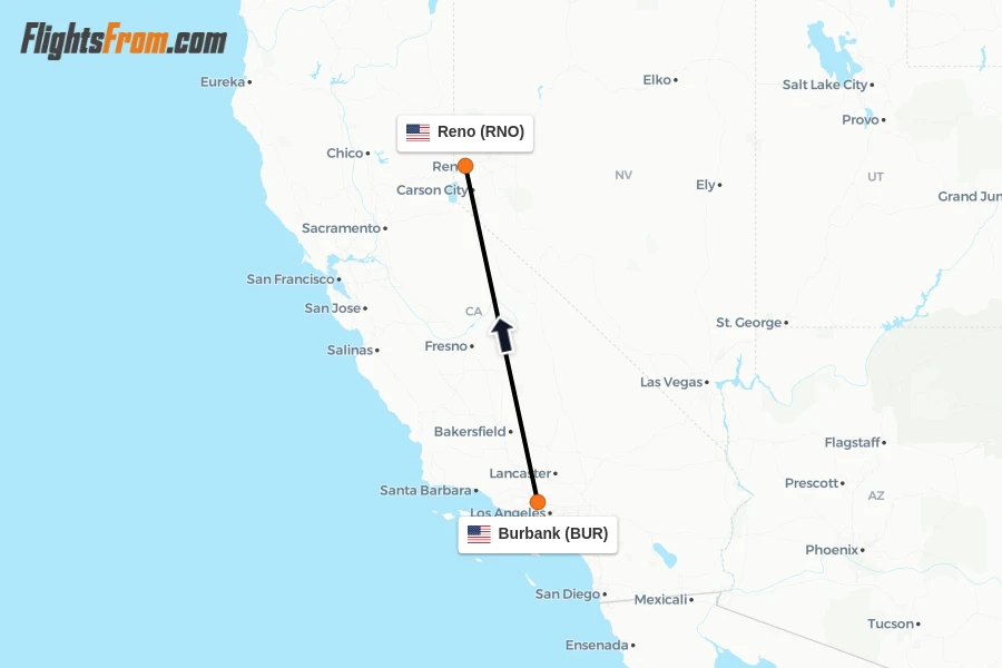 Flights from Burbank to Reno route map