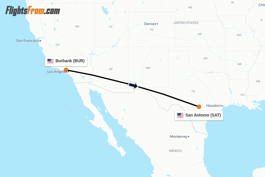 Flights from Burbank to San Antonio route map