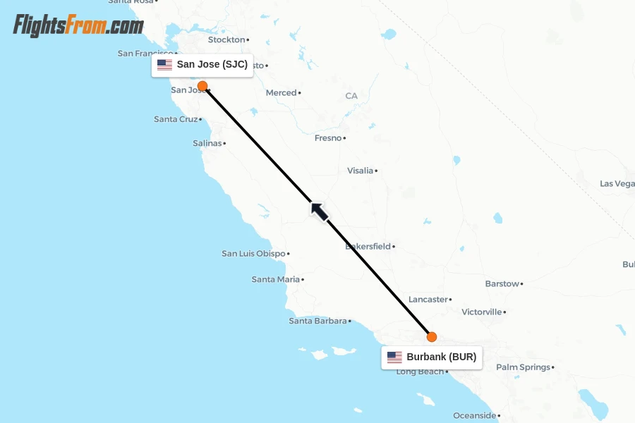 Flights from Burbank to San Jose route map
