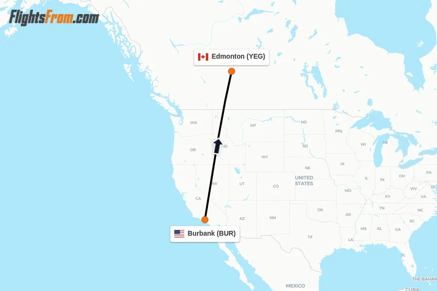Flights from Burbank to Edmonton route map