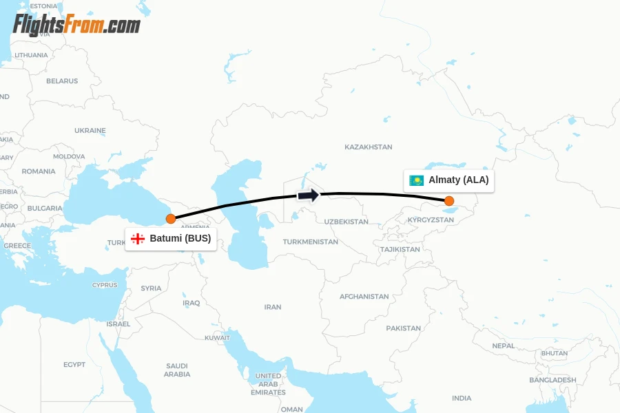 Flights from Batumi to Almaty route map