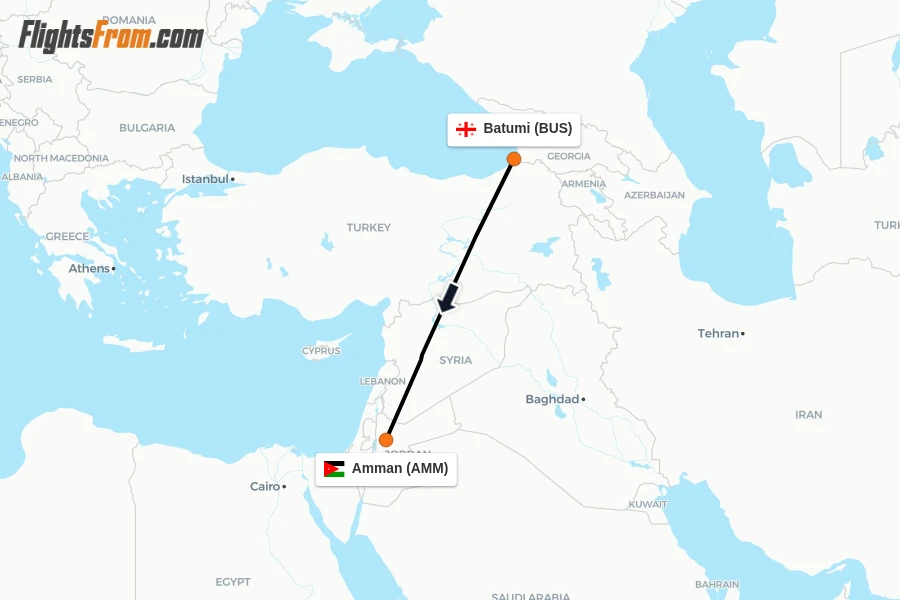Flights from Batumi to Amman route map